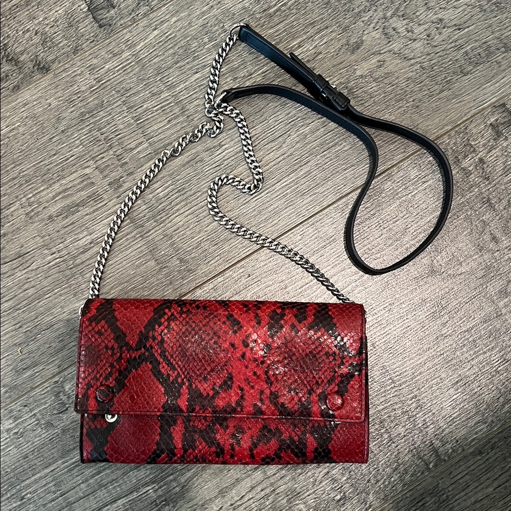 All Saints red snakeskin wallet with detachable chain strap